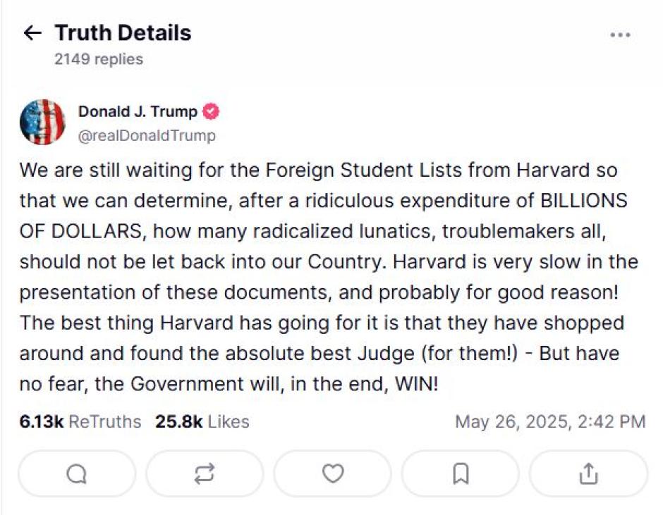 Captura de pantalla del mensaje de Donald Trump en Truth Social