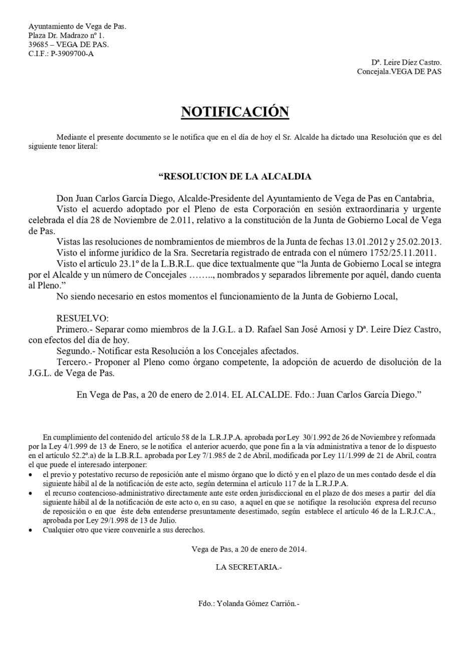 Notificación cese Leire Díez Ayuntamiento de Vega de Pas