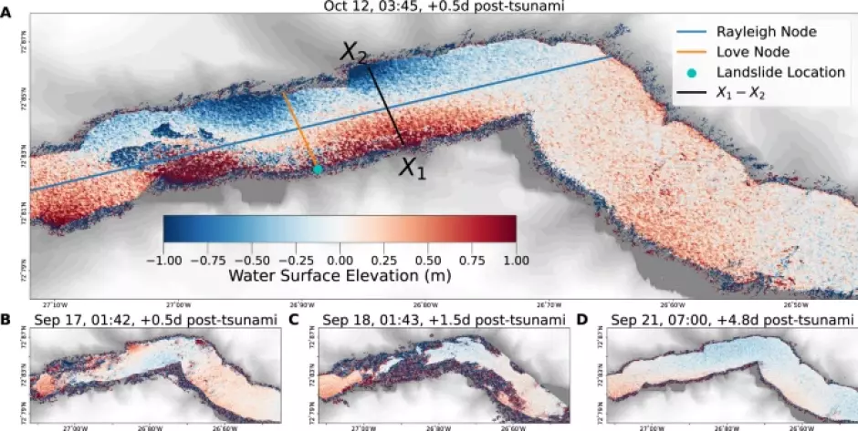 Observación del fiordo realizada mediante una misión de Topografía Oceánica de Aguas Superficiales (SWOT) 0,5 días después del tsunami del 11 de octubre de 2023