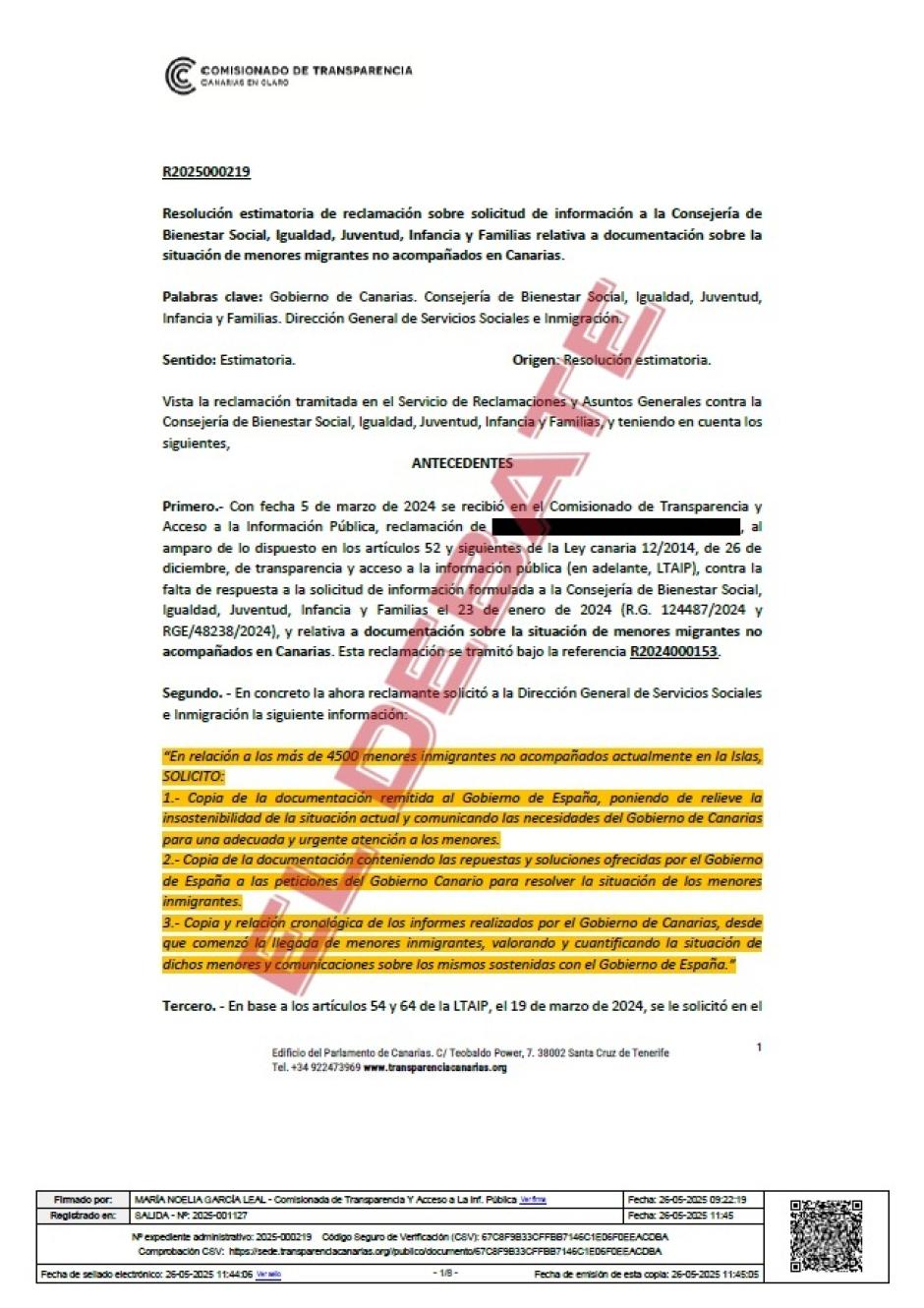 Extracto de la resolución R2025000219 de este 26 de mayo del Comisionado de Transparencia y Acceso a la Información Pública de Canarias