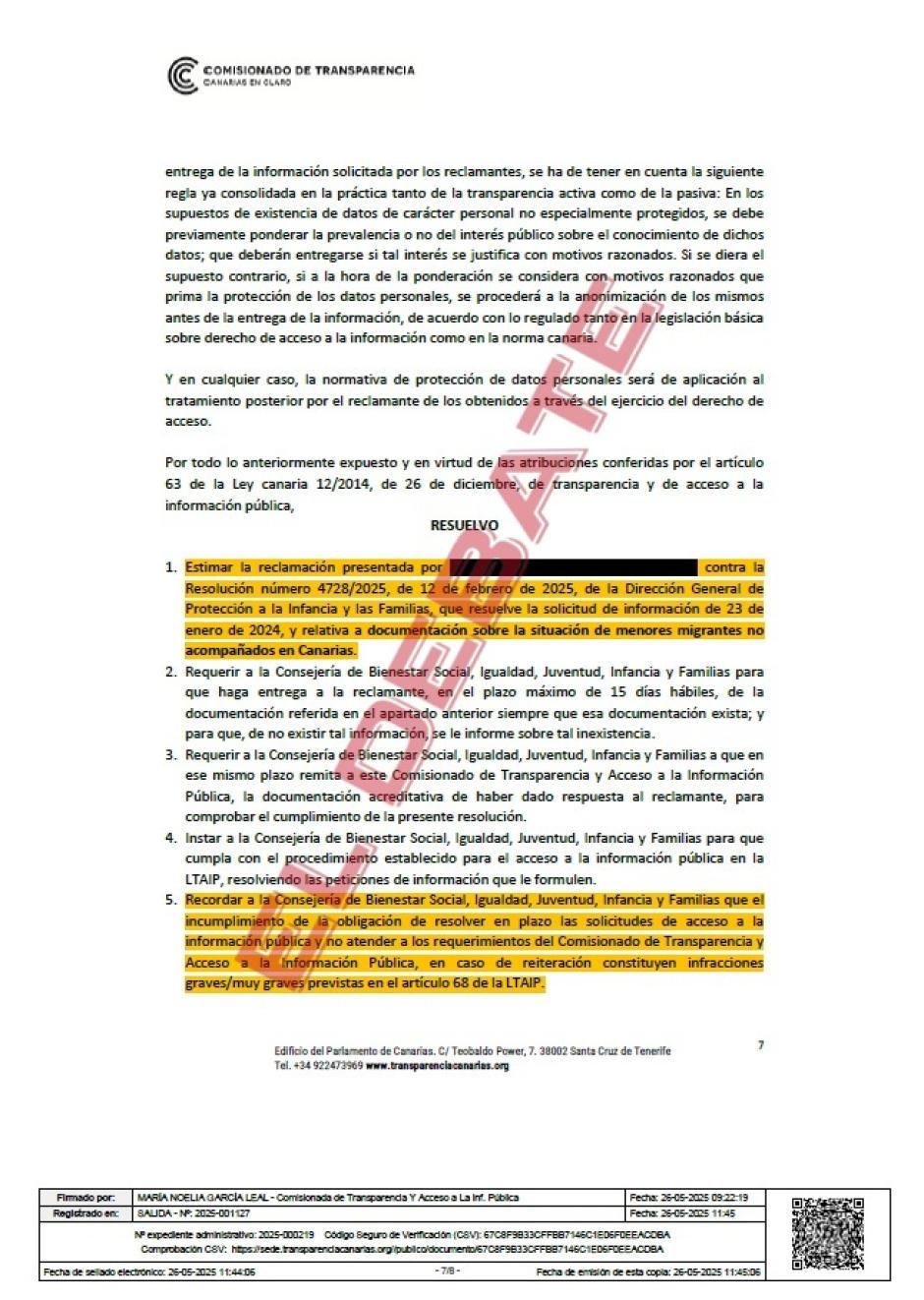 Extracto de la resolución R2025000219 de este 26 de mayo del Comisionado de Transparencia y Acceso a la Información Pública de Canarias
