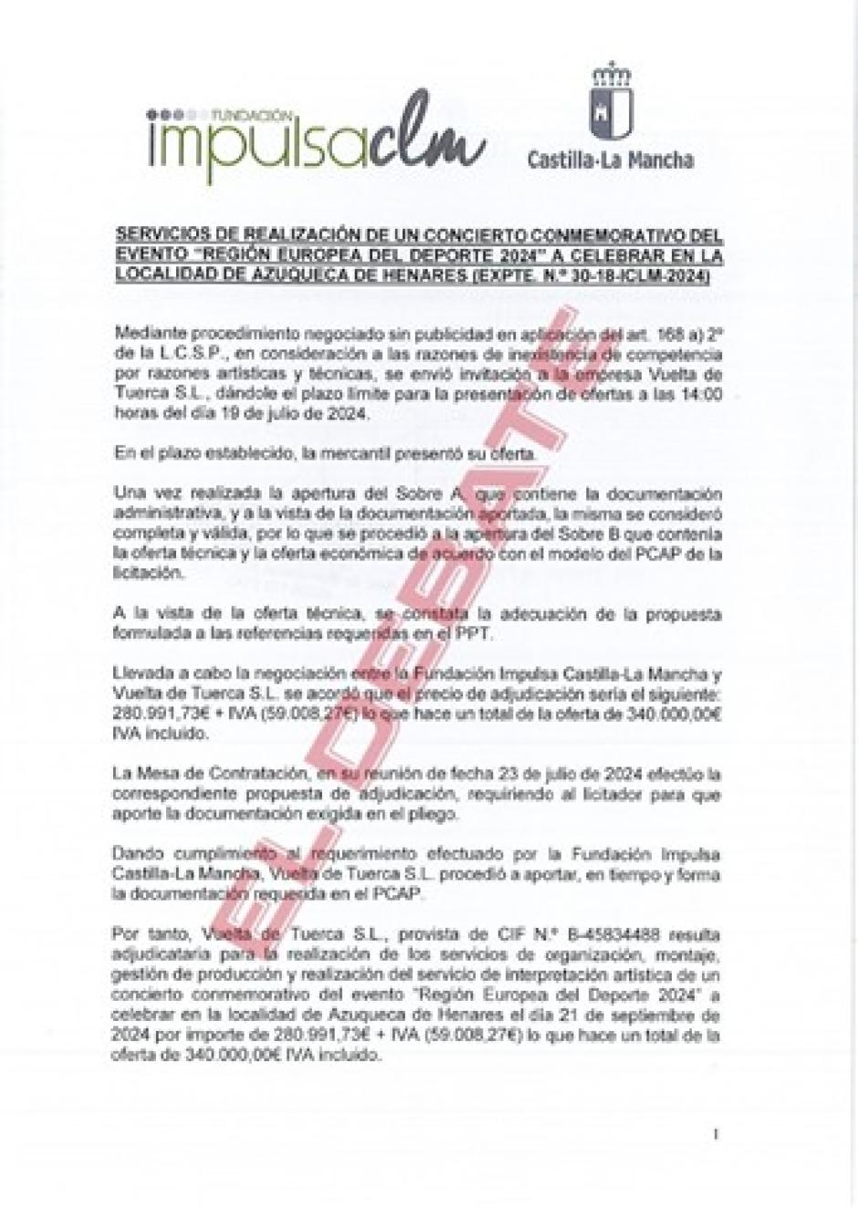Acta de la adjudicación del concierto por la Fundación Impulsa y formalización del contrato de Valdepeñas