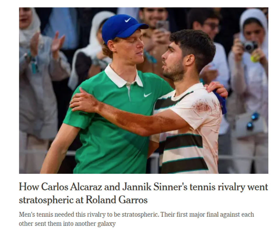 El británico The Athletic señala la "estratosférica rivalidad" entre Sinner y Alcaraz, presente y futuro del tenis