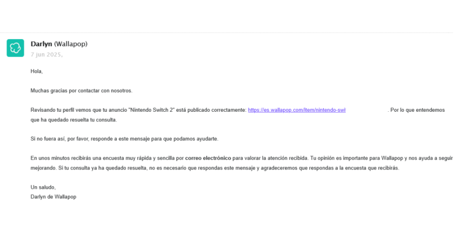 Respuesta de Wallapop a un usuario al que retiraron su anuncio