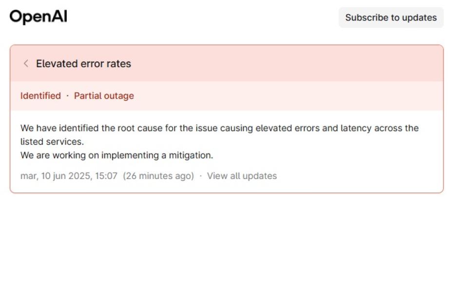 El registro del error reportado por OpenAI