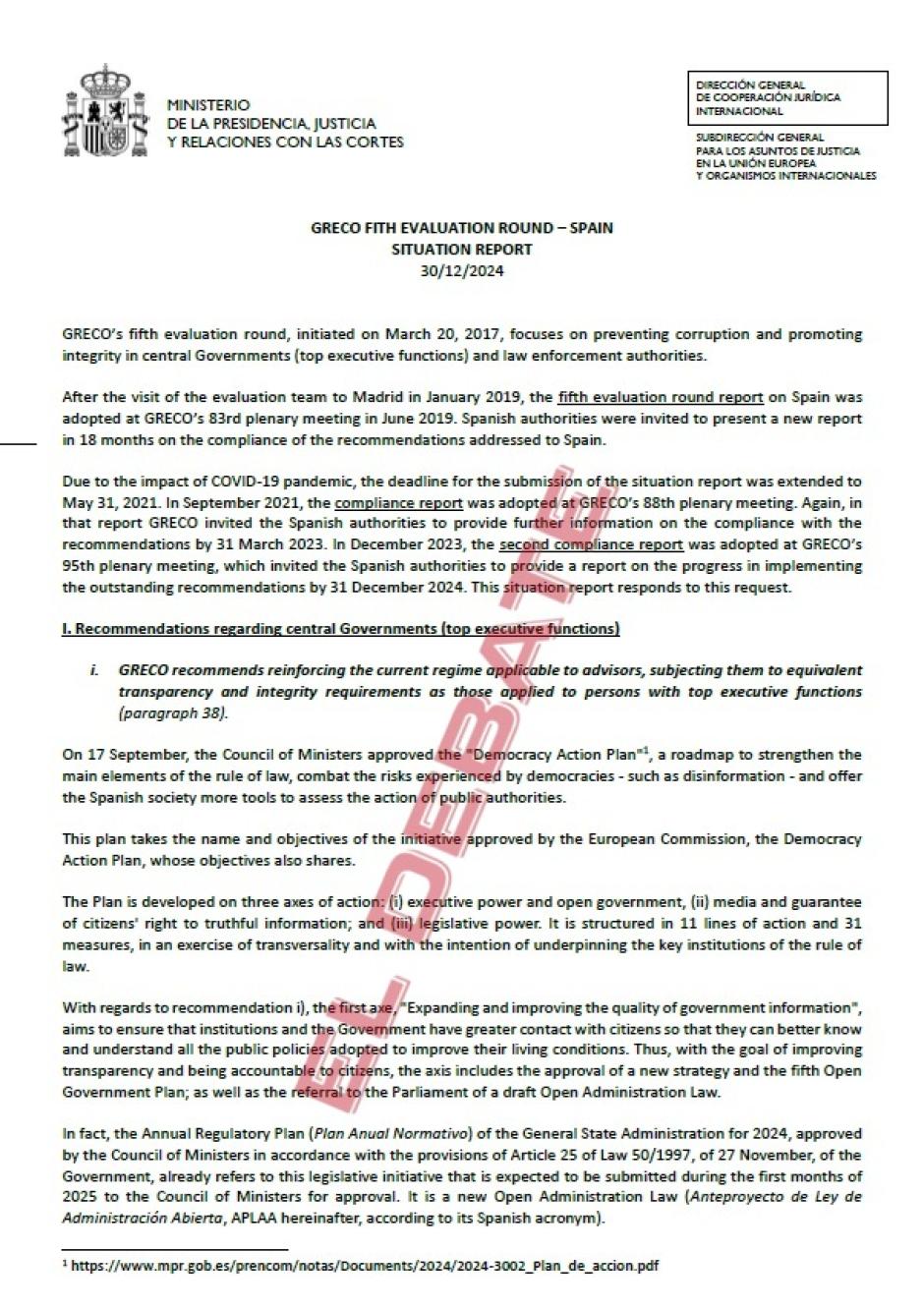 Extracto del informe de situación a 30-12-2024 remitido por el Gobierno al GRECO