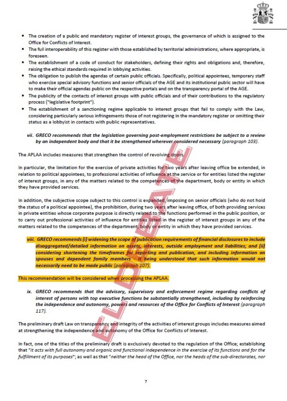 Extracto del informe de situación a 30-12-2024 remitido por el Gobierno al GRECO