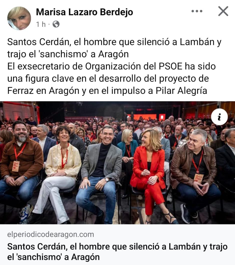 Post en Facebook de la mujer de Javier Lambán