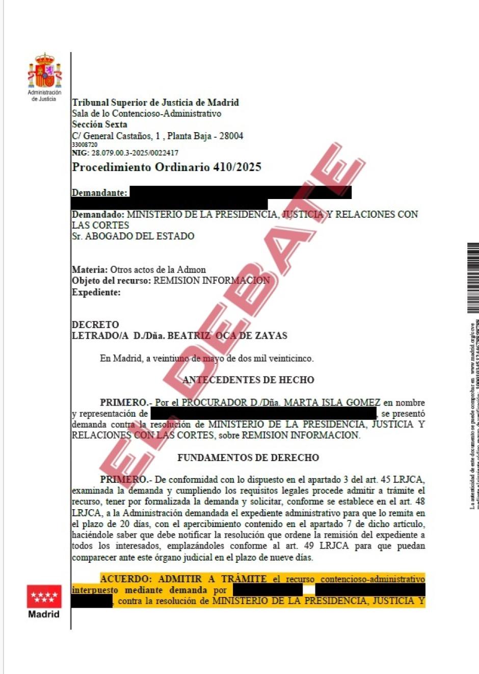 Escrito de admisión a trámite por parte del TSJM del pasado 21 de mayo