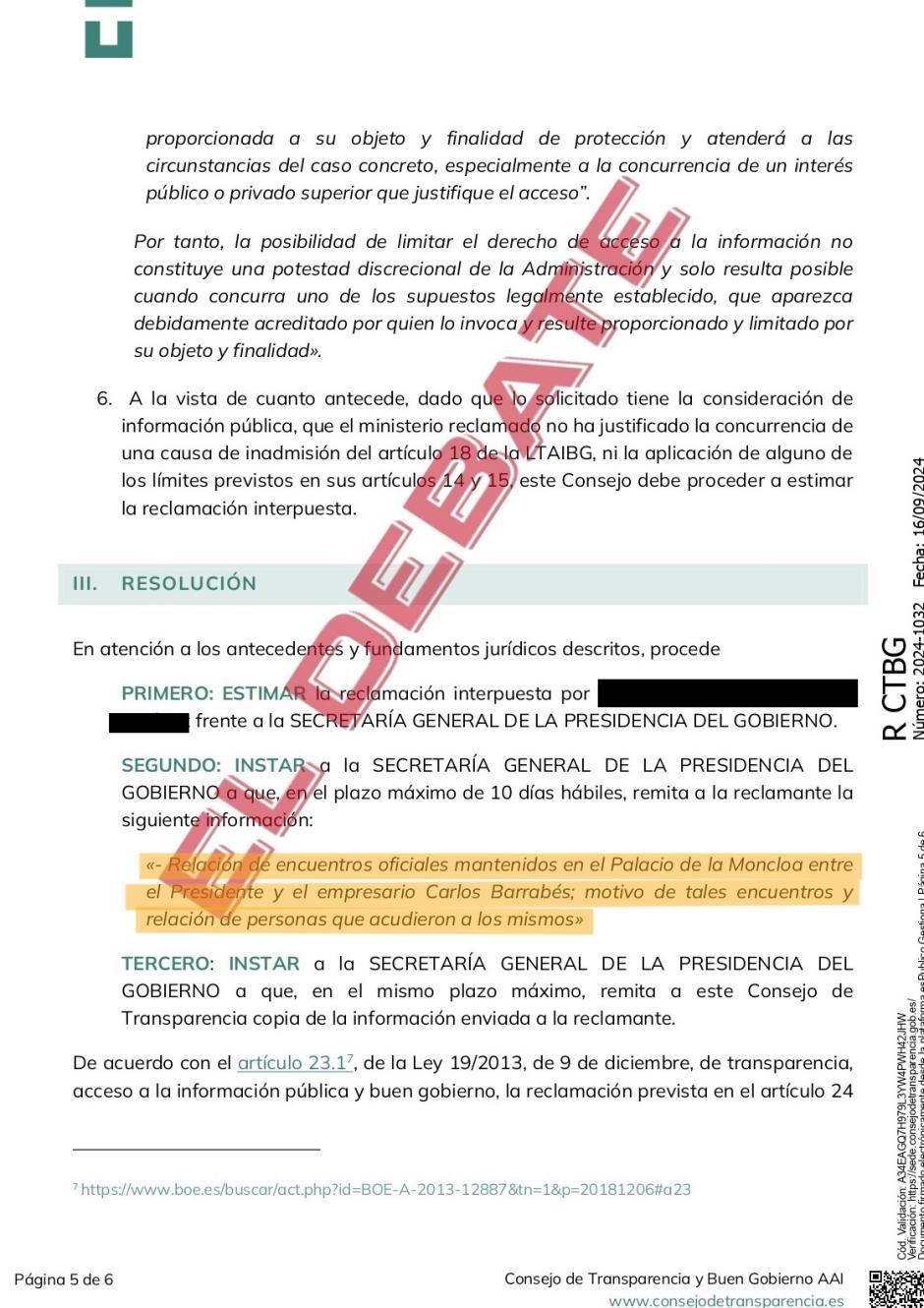 Resolución de CTBG 2024-1057 de 19 de septiembre del 2024
