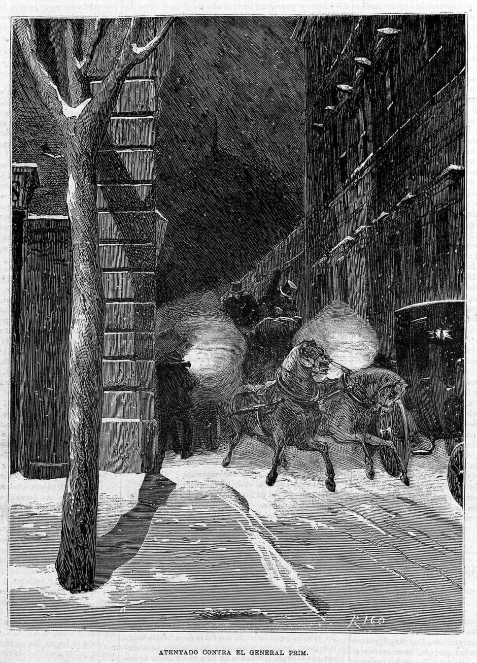 Atentando contra Prim, en 'La Ilustración de Madrid', 1871