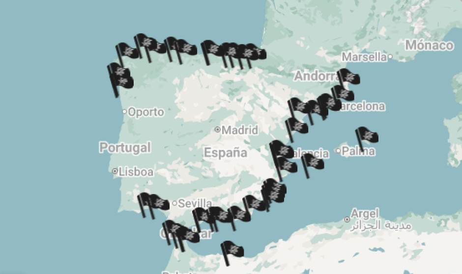 Mapa de las 48 Banderas Negras repartidas en las playas españolas