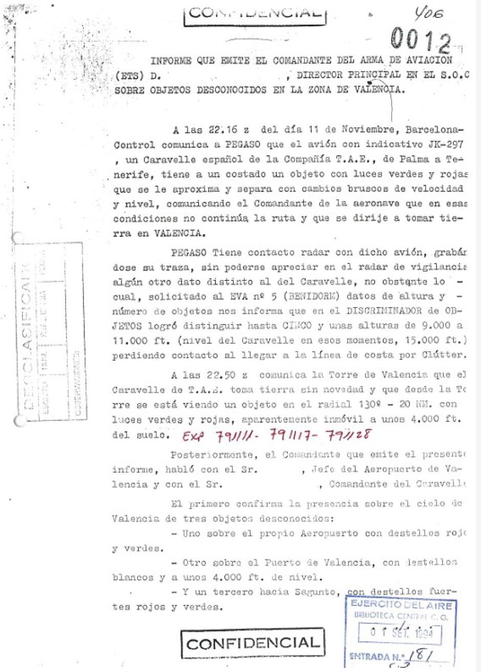 Imagen de una de las páginas del expediente OVNI desclasificado por el Ministerio de Defensa