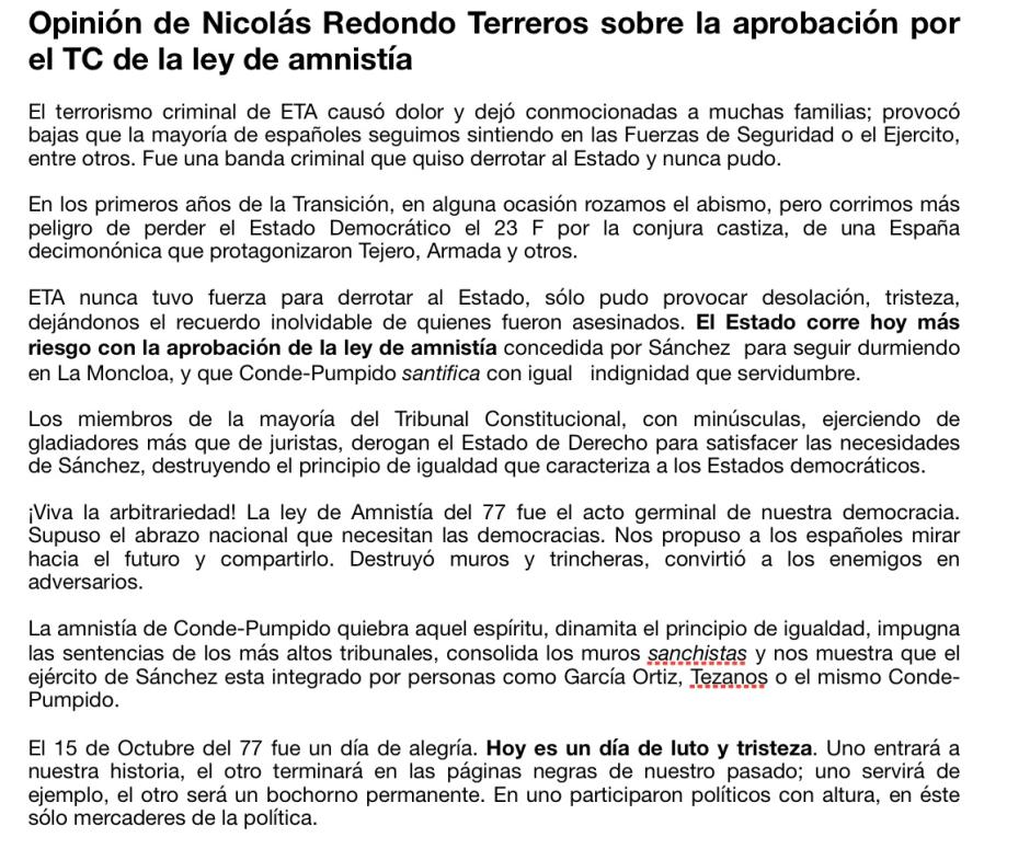 Opinión de Nicolás Redondo sobre la amnistía