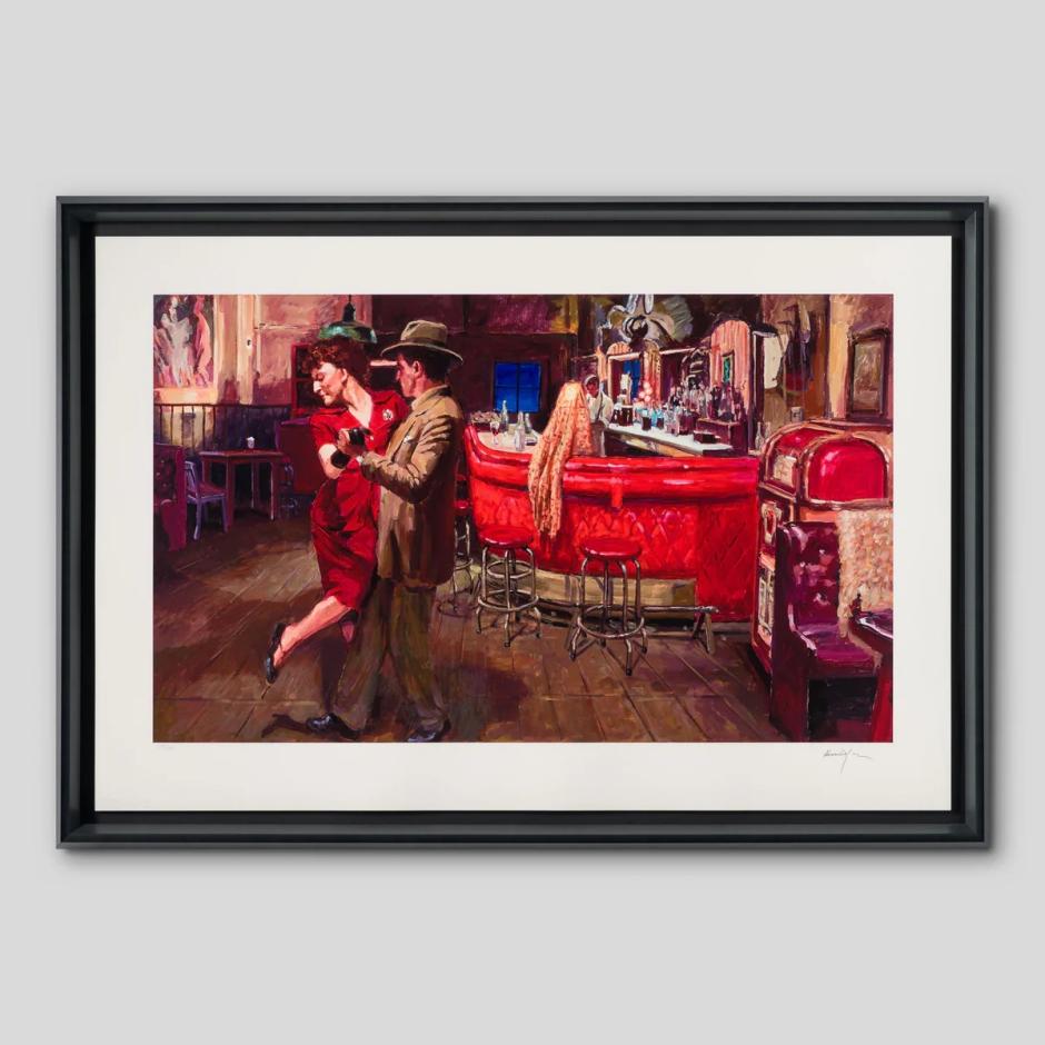 El carácter cinematográfico de la obra de Dylan se percibe también en este Tango dancers, que se vende por 5.266,95 euros. La obra pictórica de Dylan es siempre misteriosa, teatral, plástica, huye del hiperrealismo para escenificar lo onírico de lo cotidiano en un mundo urbano hecho de cemento, acero, cristal y luces de neón.