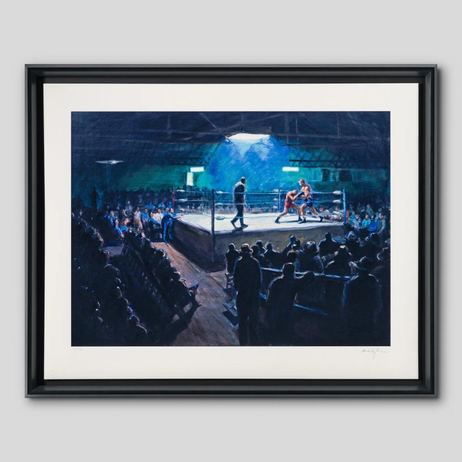 Los críticos también valoran el carácter cinematográfico y fotográfico que Bob Dylan imprime en sus pinturas, un rasgo característico que se percibe de manera sobresaliente en este ring de boxeo que, con el título de Prize fight, se vede por 5.266,95 euros.