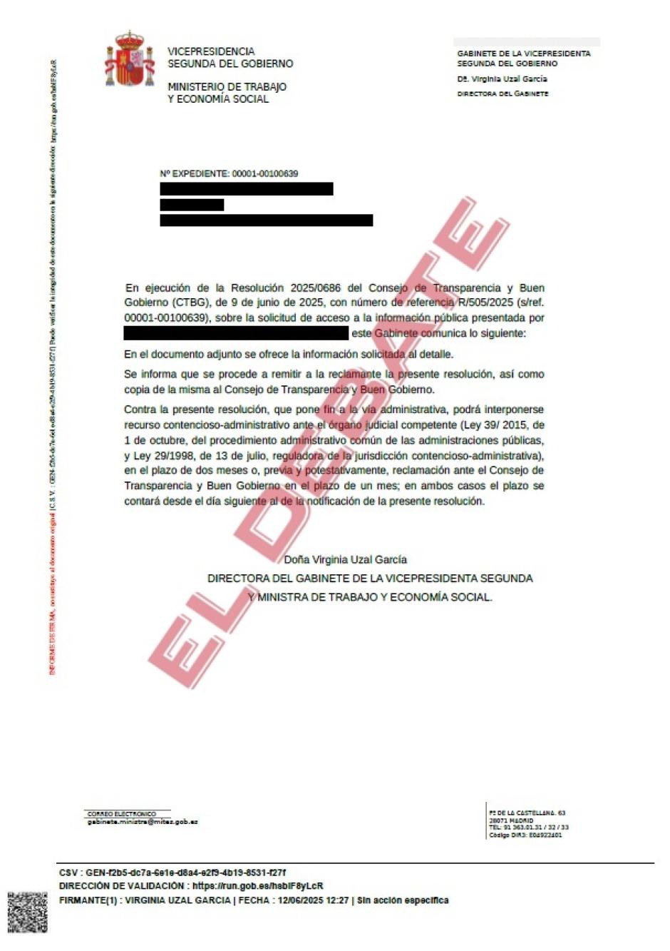 Extracto de la resolución del Ministerio de Trabajo del 12 de junio