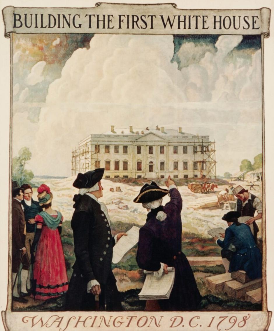 Grabado en el que se representa a George Washington inspeccionando la inacabada residencia presidencial con el arquitecto James Hoban