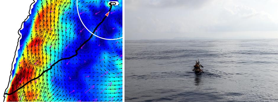 (Izquierda) Rastreo GPS y modelado de corrientes oceánicas hacia el final del viaje experimental. (Derecha) El equipo en la época de la imagen de la izquierda