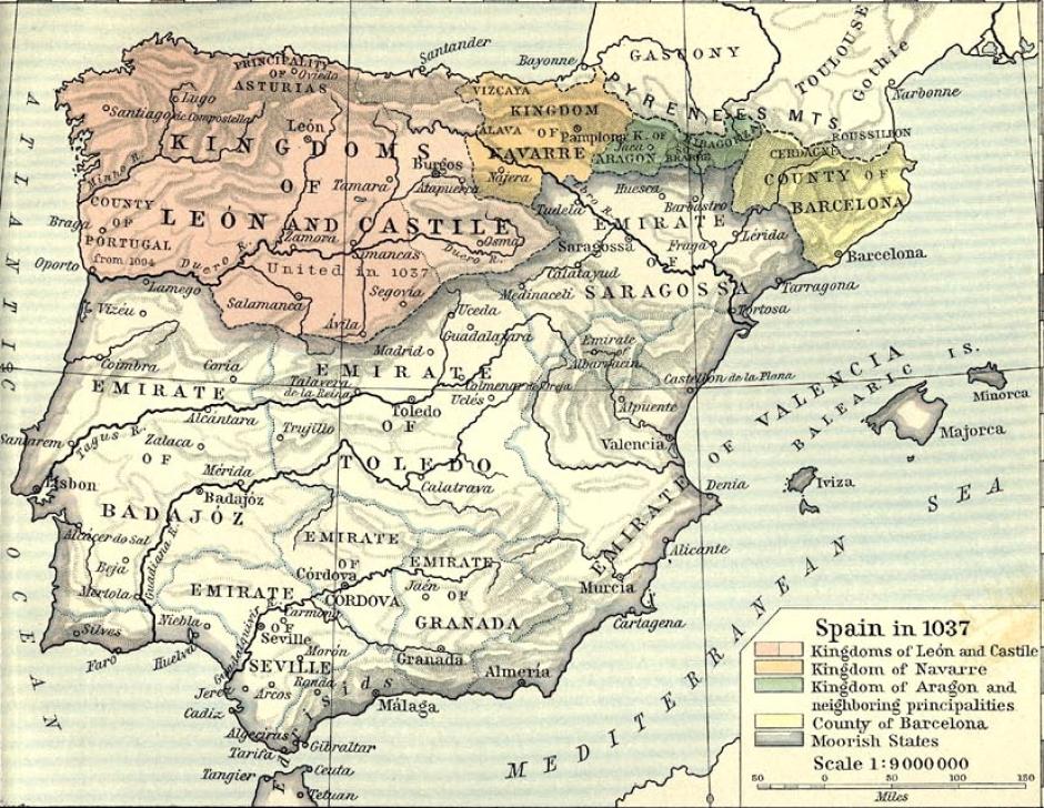 Mapa de España en el siglo XI, con el condado de Barcelona visible