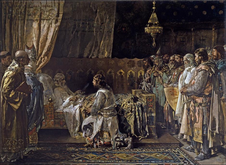 Pedro III de Aragón en el lecho de muerte de su padre, Jaime I, en un óleo de Ignacio Pinazo Camarlench