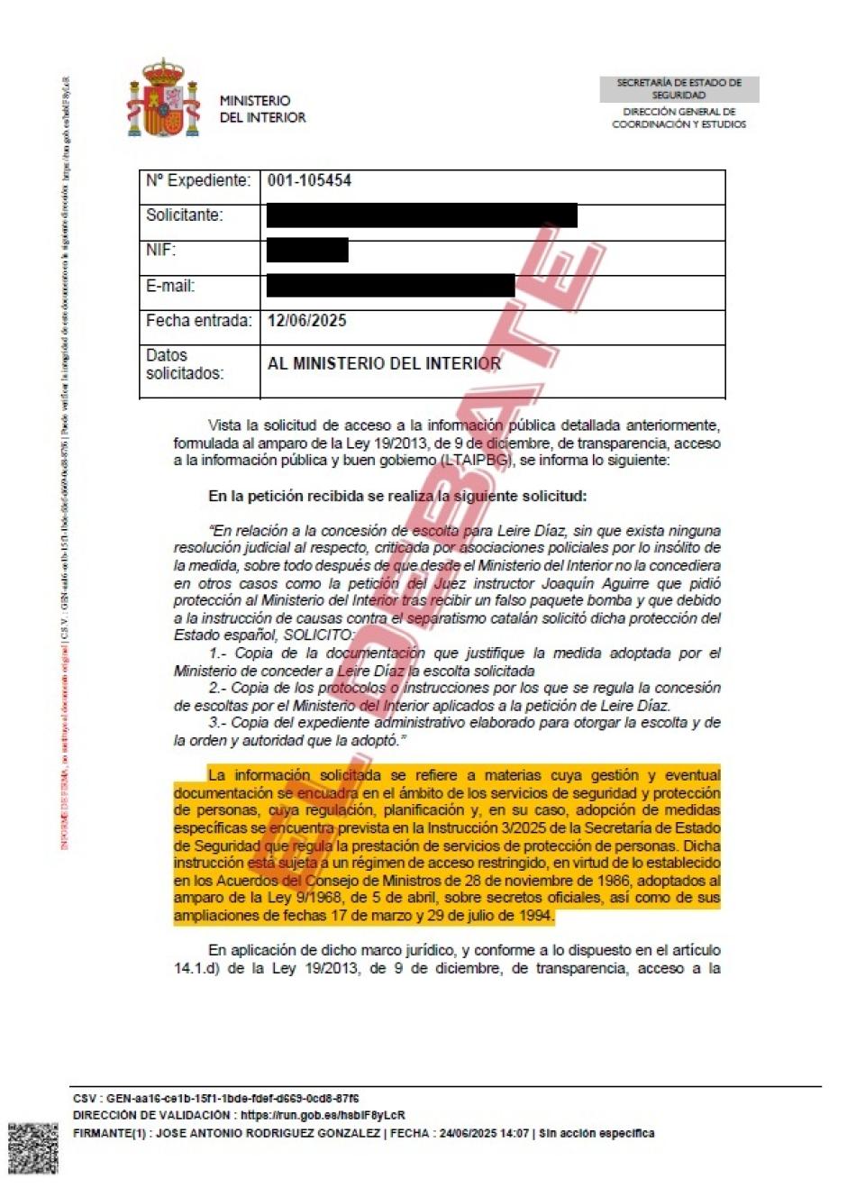 Resolución del Ministerio del Interior (105454) del 24 de junio