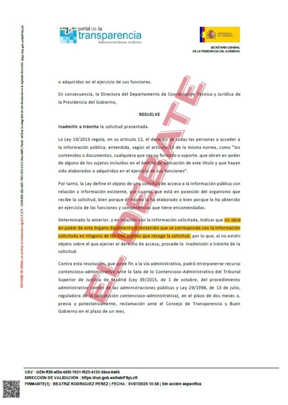Resolución de Presidencia del Gobierno (105151) del 1 de julio