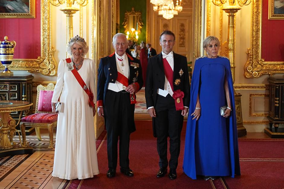 Queen Camilla, King Charles III with France's President Emmanuel Macron and wife Brigitte arriving for the State Banquet for President of France Emmanuel Macron and his wife Brigitte Macron, at Windsor Castle, Berkshire, on day one of the French President's state visit to the UK. Picture date: Tuesday July 8, 2025. *** Local Caption *** .