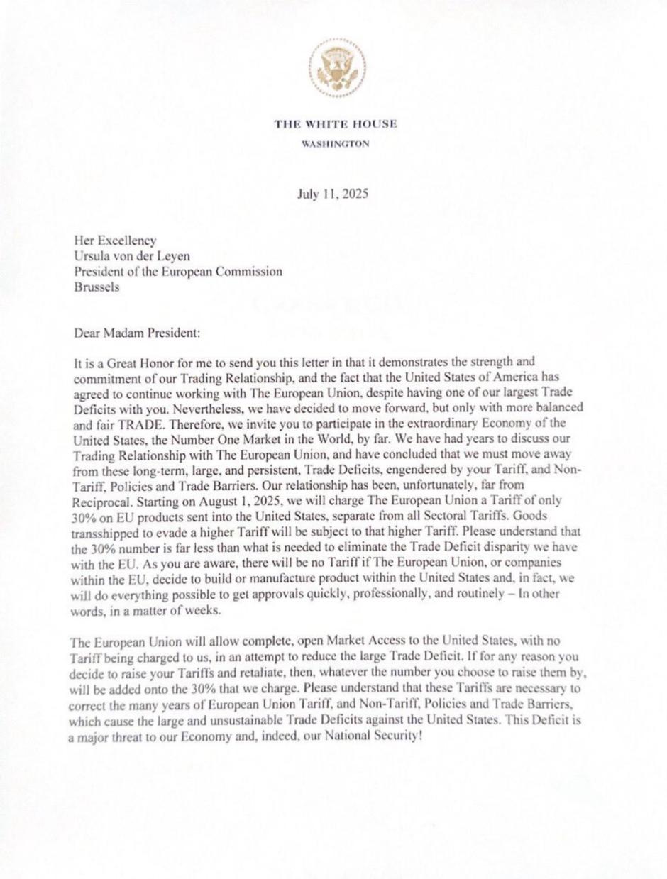 Carta de Trump a von der Leyen