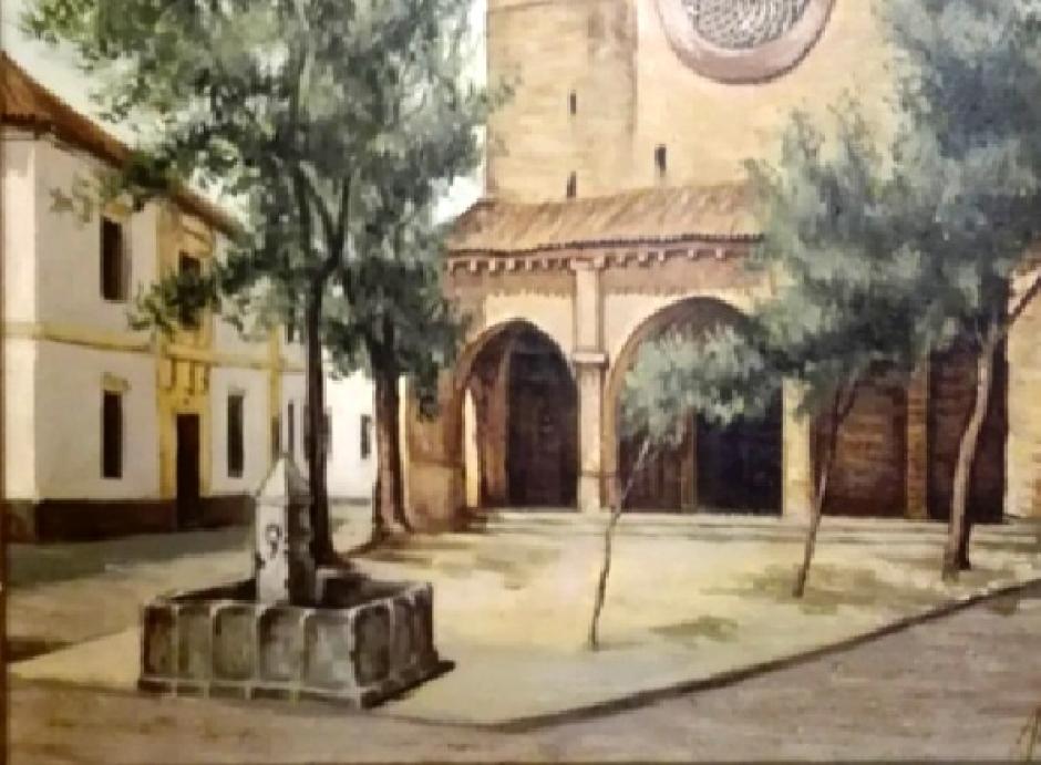La plaza en 1942, con la fuente que sustituyó a la de 1735 y las acacias. 
Pintura de José Luis Muñoz