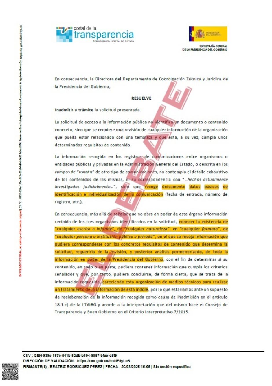 Resolución de Presidencia del Gobierno del 26 de marzo, a la que ha tenido acceso El Debate