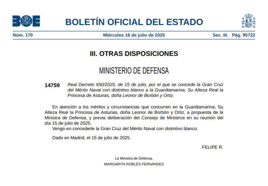 Real decreto por el que se concede la Gran Cruz del Mérito Naval a la Princesa