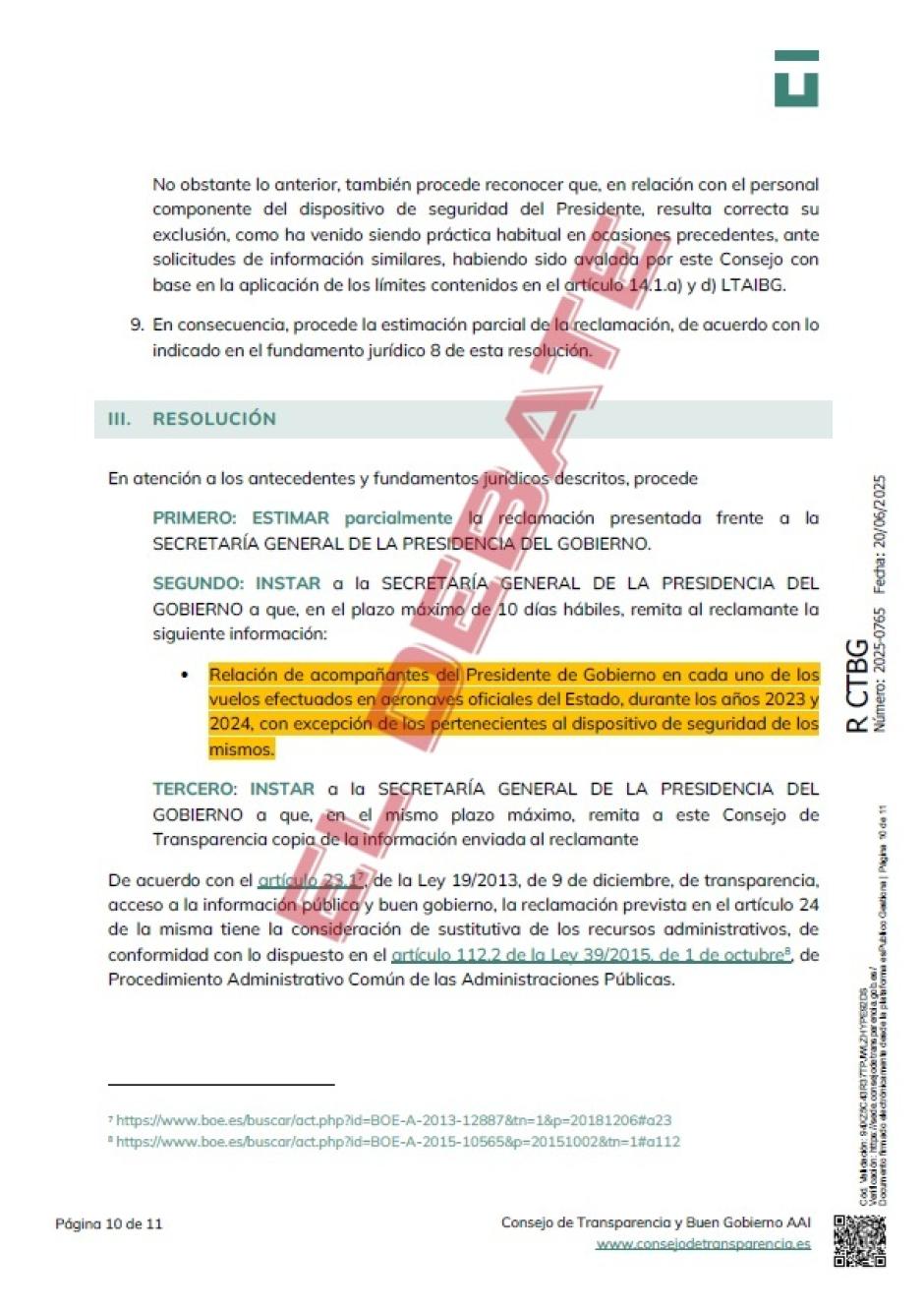 Resolución 2025-0765 del CTBG del 20 de junio