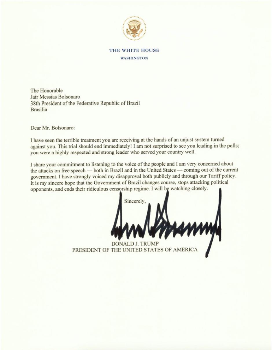 Carta de Donald Trump a Bolsonaro