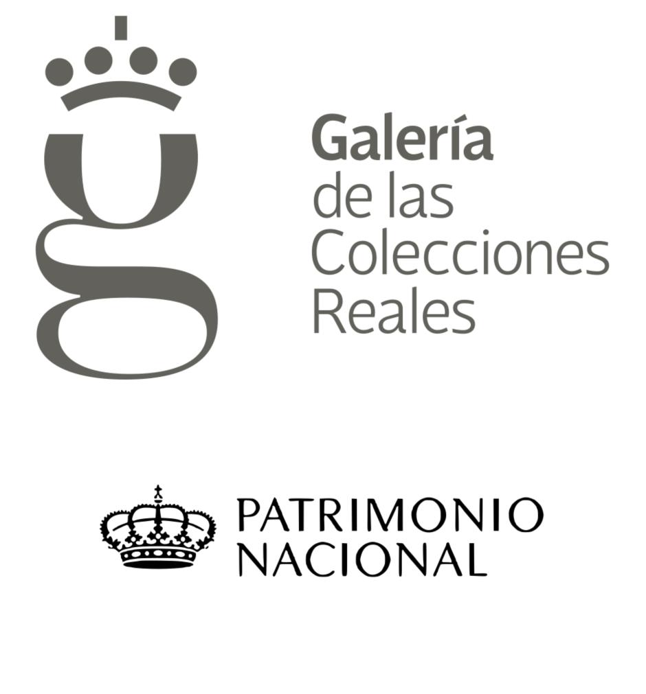 Arriba, el logotipo de la Galería de las Colecciones Reales, con la corona disimulada y sin cruz; abajo, el logotipo de Patrimonio Nacional, con la corona real