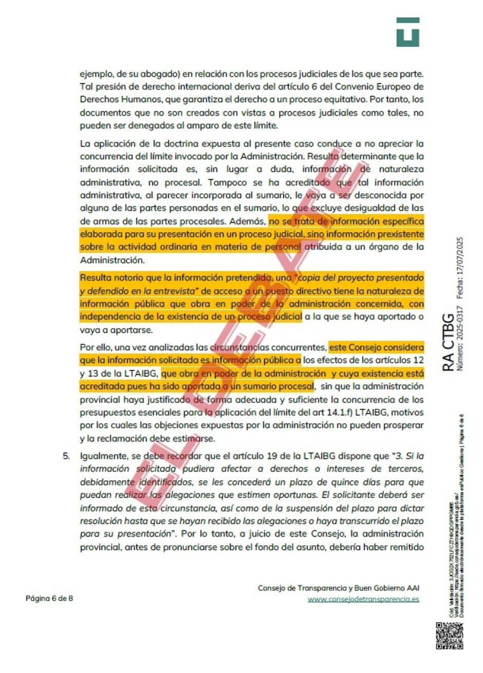 Extracto de la resolución del CTBG 2025-0317 del 17 de julio de 2025