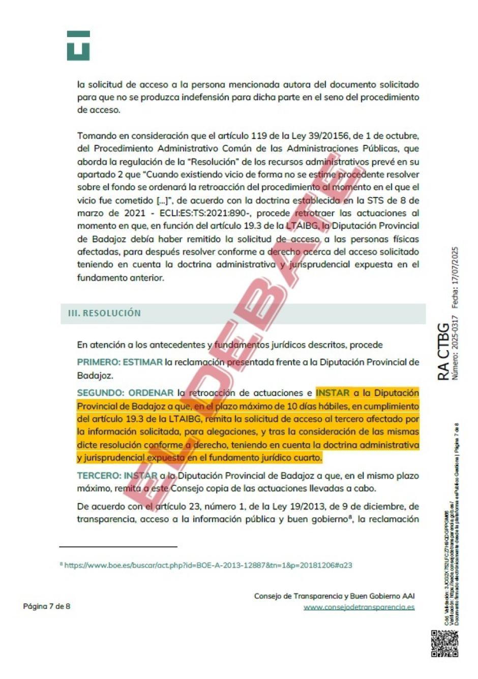 Extracto de la resolución del CTBG 2025-0317 del 17 de julio de 2025