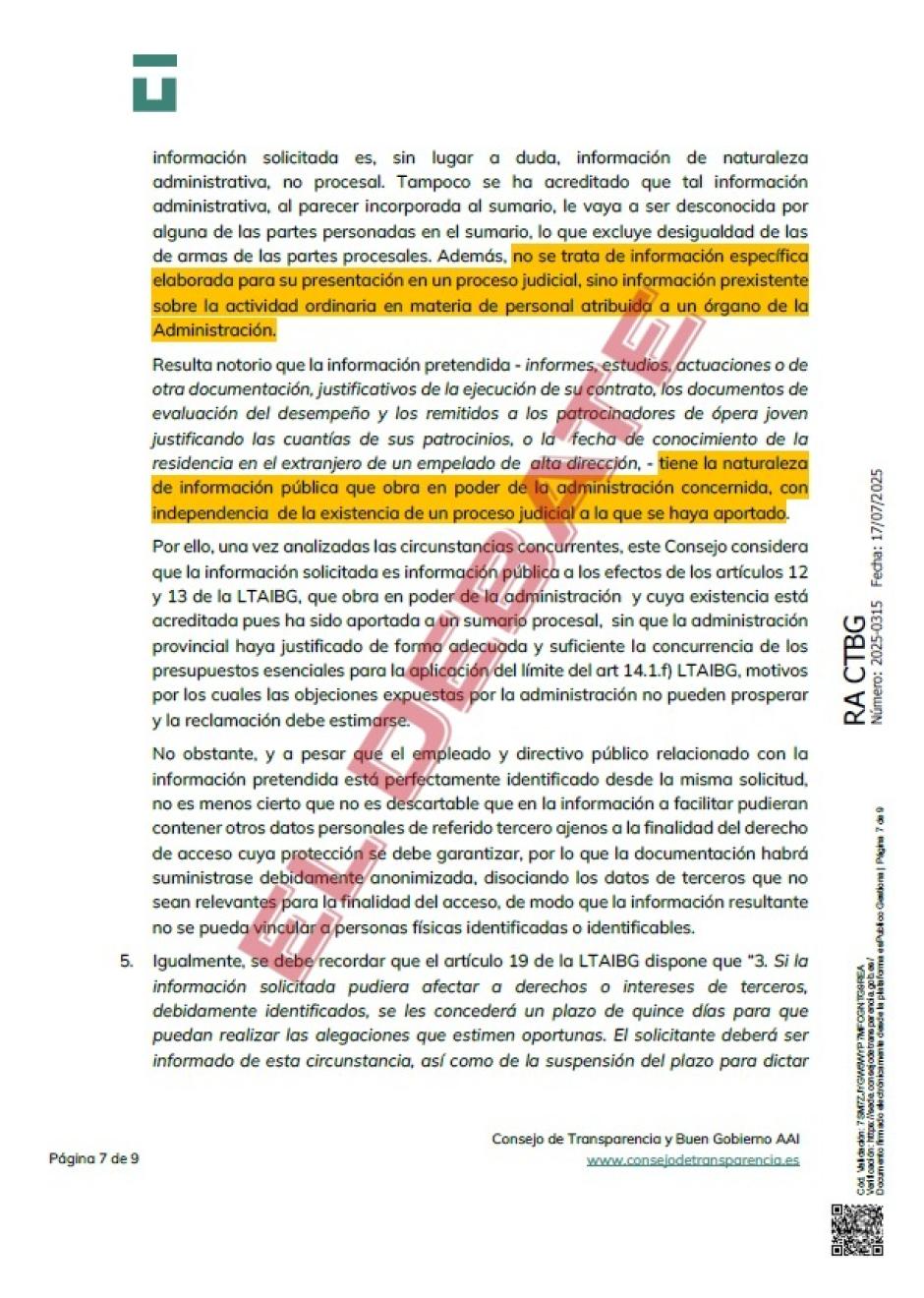 Extracto de la resolución del CTBG 2025-0315 del 17 de julio de 2025