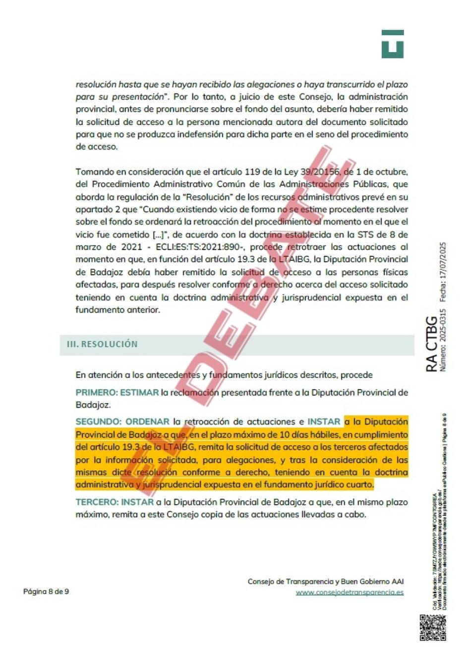 Extracto de la resolución del CTBG 2025-0315 del 17 de julio de 2025