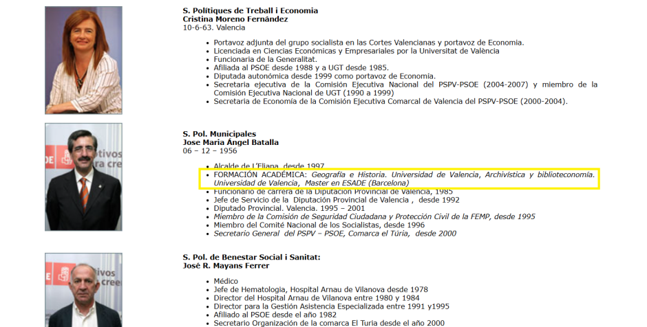 Currículum de José María Ángel Batalla publicado por el PSOE en torno al año 2010