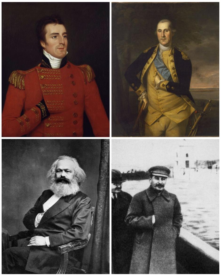 El duque de Wellington, George Washington, Karl Marx y Iósif Stalin