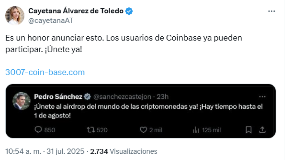 Mensaje en la cuenta de X de Cayetana Álvarez de Toledo