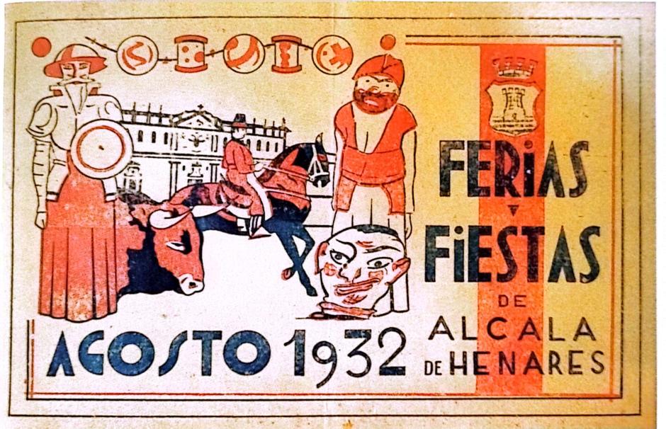 Anuncio Ferias y Fiestas de Alcalá de Henares de 1932 con dibujos de los gigantes y cabezudos