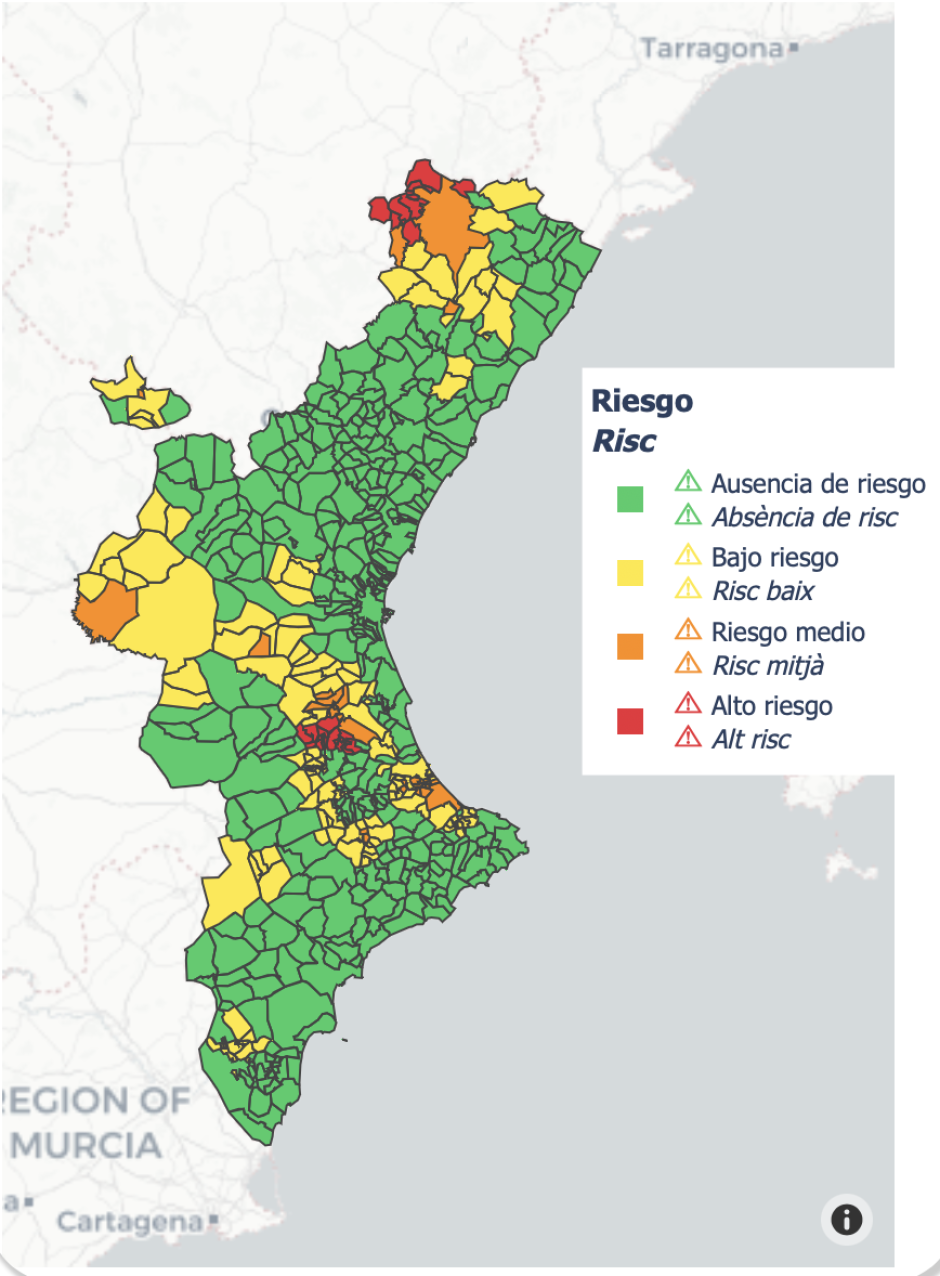 Imagen del mapa de meteoclim con el riesgo de altas temperaturas por municipios