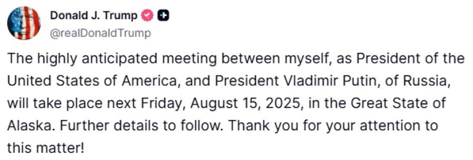 Trump anuncia que su encuentro con Putin tendrá lugar el 15 de agosto en Alaska