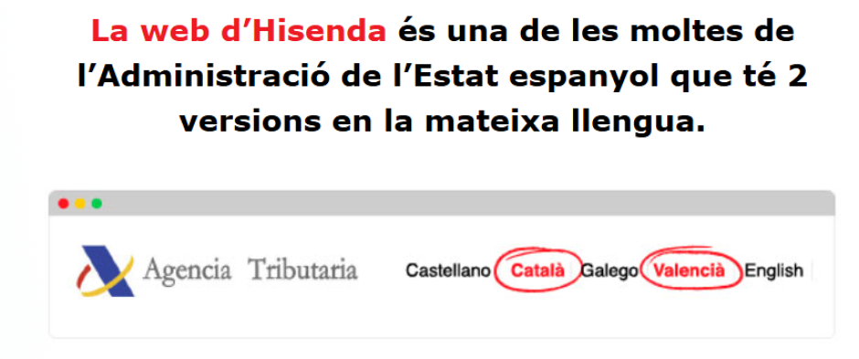 Imagen de Plataforma per la Llengua sobre la opción de la página web de Hacienda en valenciano y catalán