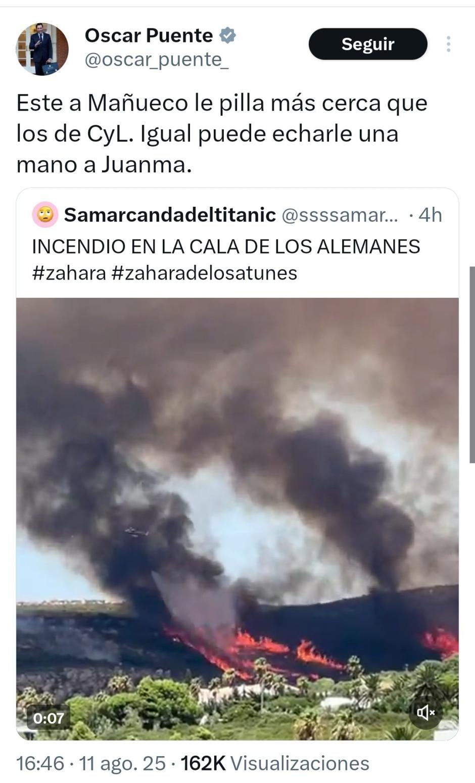 Tuit de Óscar Puente por el incendio de Tarifa