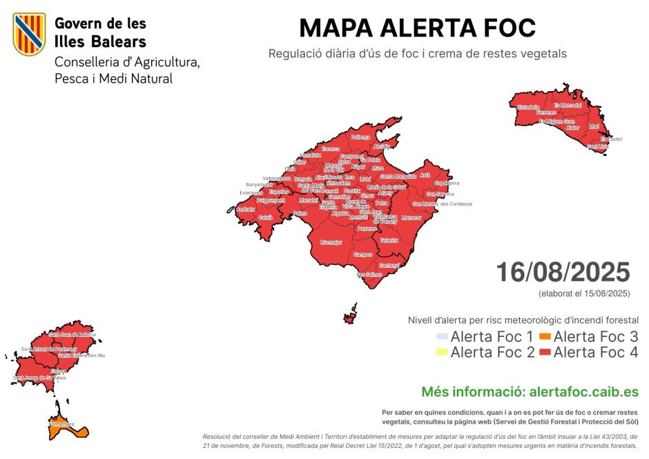 Mapa de AlertaFoc de este sábado, 16 de agosto de 2025