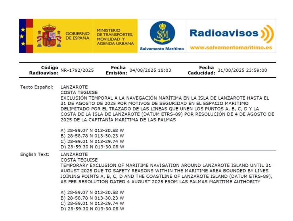 Aviso de Salvamento Marítimo con las restricciones