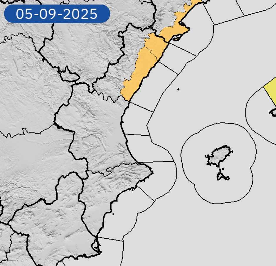 Mapa de avisos por lluvias y tormentas este viernes 5 de septiembre en la Comunidad Valenciana.